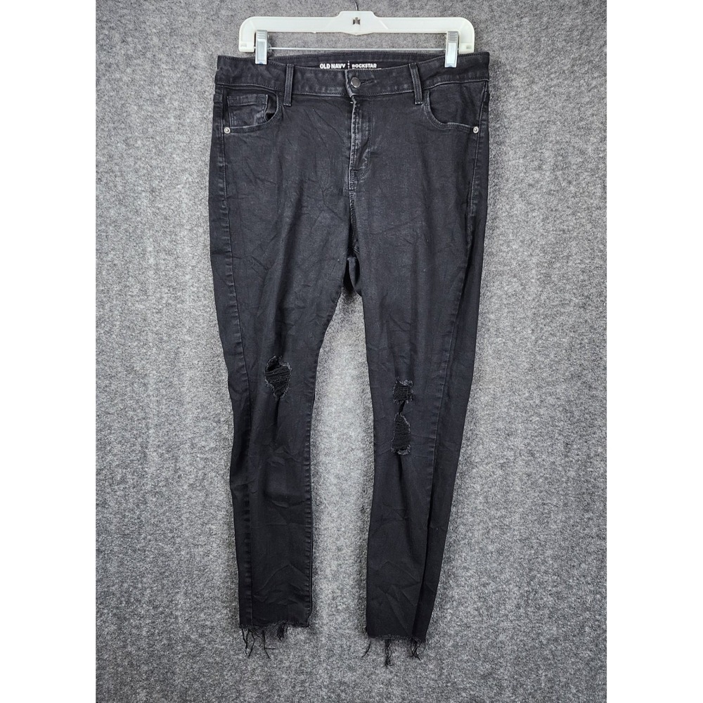 Old Navy Rockstar Jeans Women 14 Black Distressed Mid Rise Skinny Frayed Hem